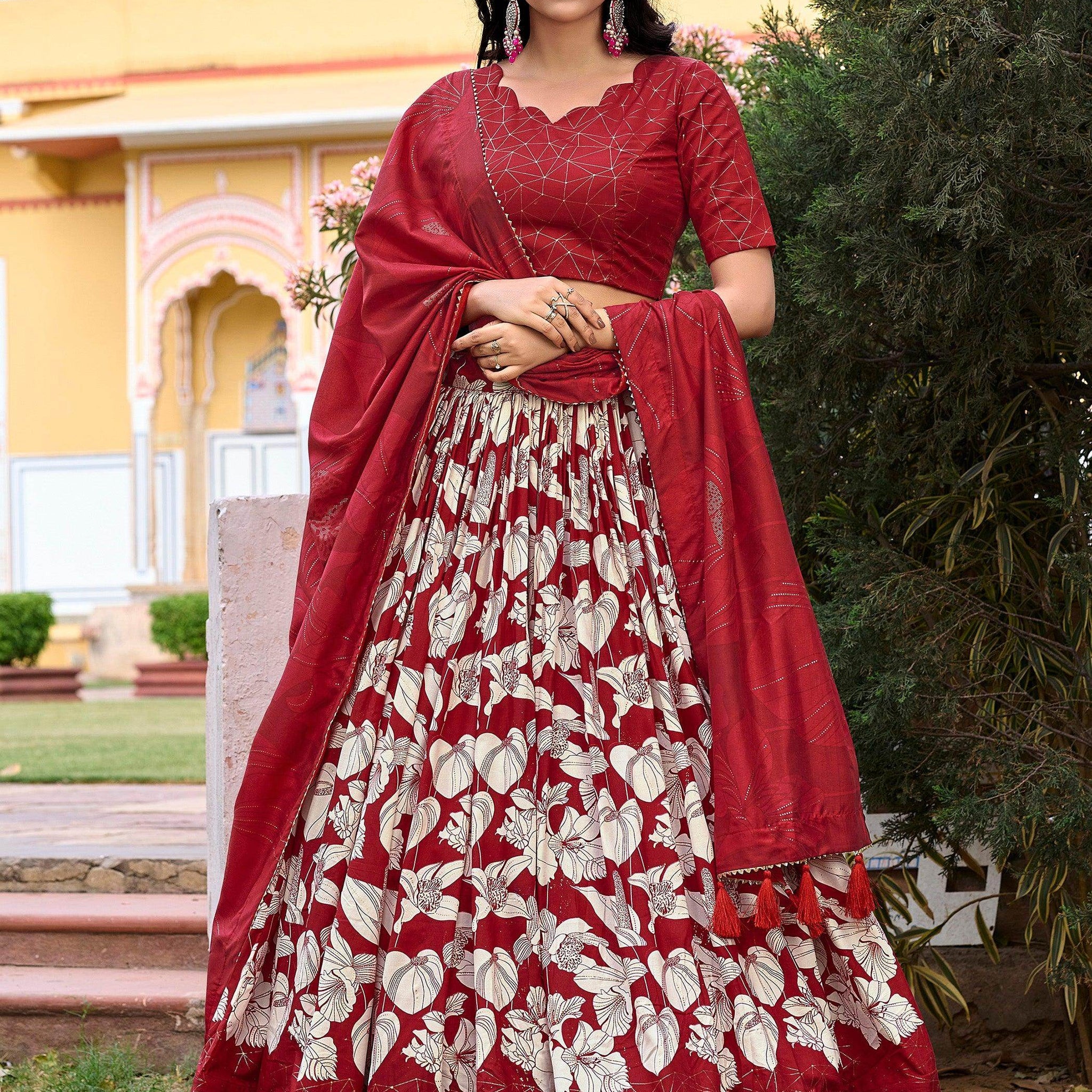 Beautiful Red Floral Printed Tussar Silk Navratri Lehenga Choli - Zeel Clothing