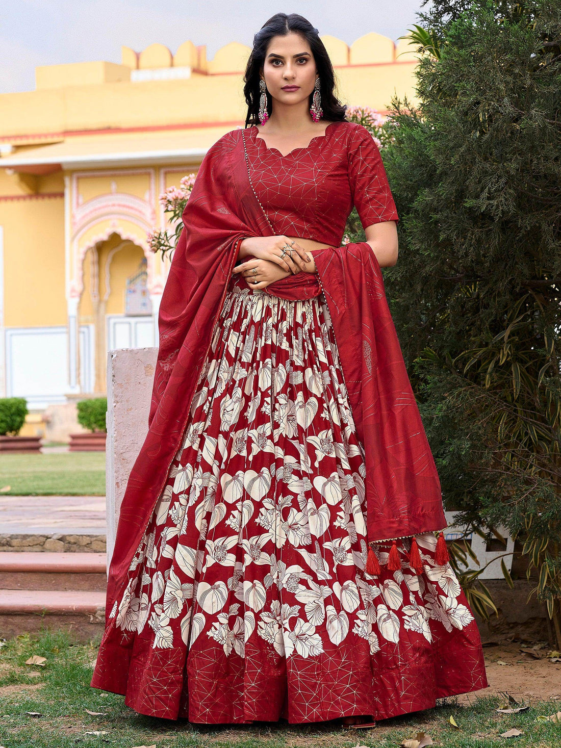 Beautiful Red Floral Printed Tussar Silk Navratri Lehenga Choli - Zeel Clothing