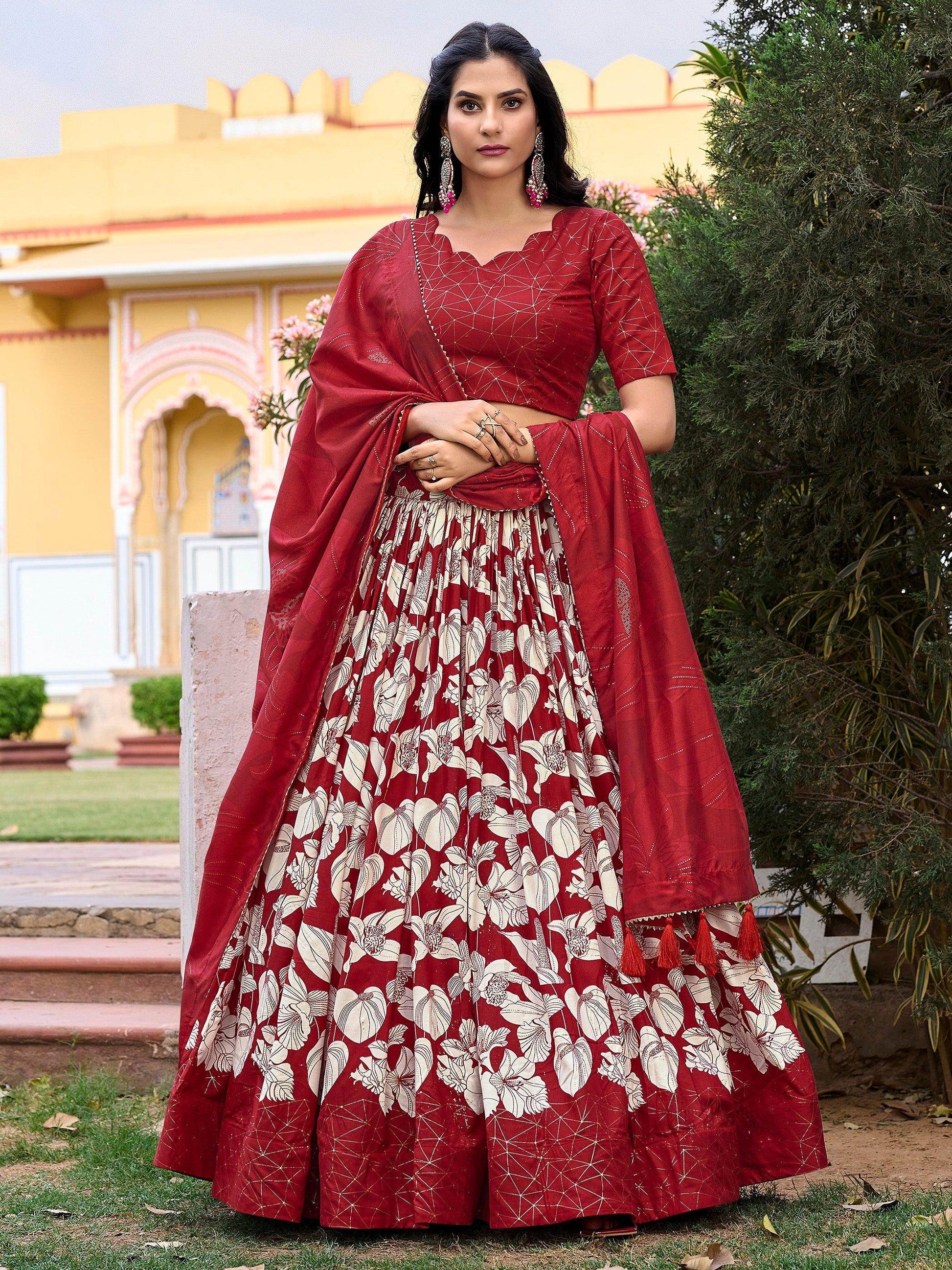 Beautiful Red Floral Printed Tussar Silk Navratri Lehenga Choli - Zeel Clothing