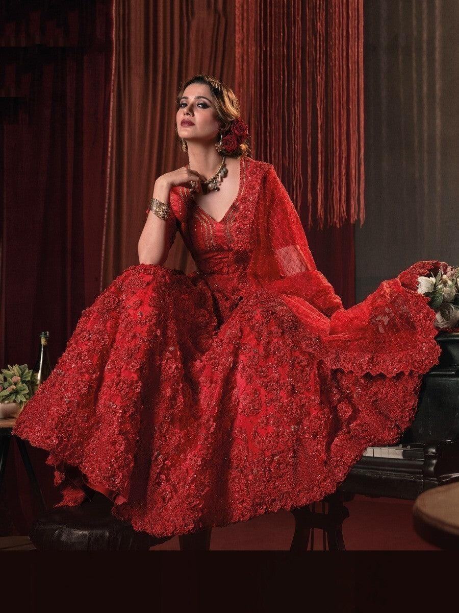 Beautiful Red Flower Applique Work Net Wedding Wear Lehenga Choli