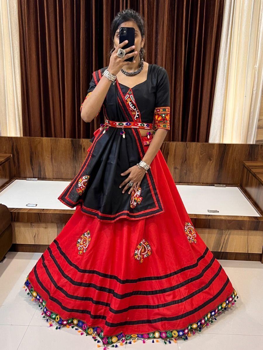 Beautiful Red Gamthi Work Cotton Lehenga Choli With Dupatta - Zeel Clothing
