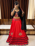 Beautiful Red Gamthi Work Cotton Lehenga Choli With Dupatta - Zeel Clothing