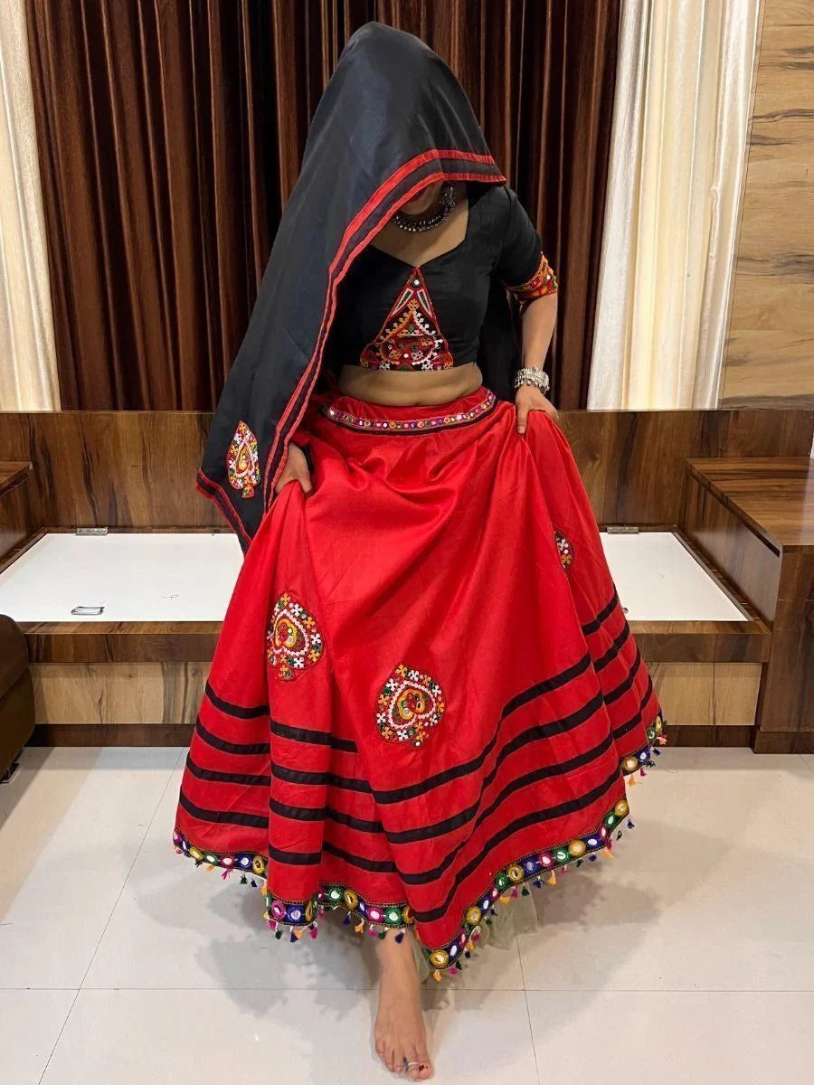 Beautiful Red Gamthi Work Cotton Lehenga Choli With Dupatta - Zeel Clothing
