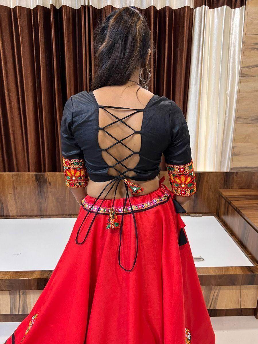 Beautiful Red Gamthi Work Cotton Lehenga Choli With Dupatta - Zeel Clothing