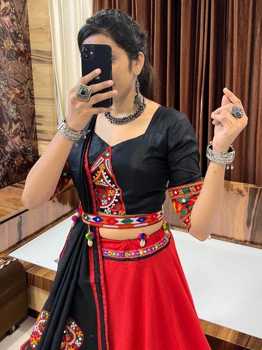 Beautiful Red Gamthi Work Cotton Lehenga Choli With Dupatta - Zeel Clothing