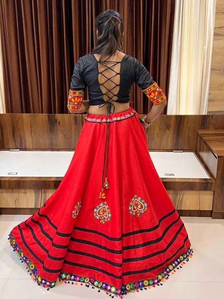Beautiful Red Gamthi Work Cotton Lehenga Choli With Dupatta - Zeel Clothing