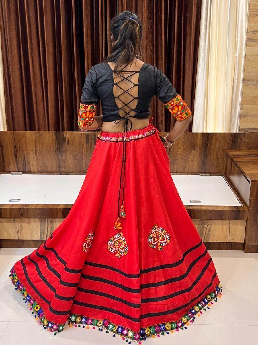 Beautiful Red Gamthi Work Cotton Lehenga Choli With Dupatta - Zeel Clothing