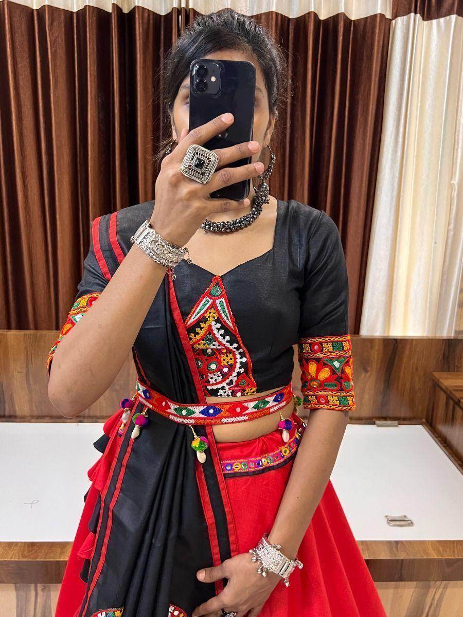 Beautiful Red Gamthi Work Cotton Lehenga Choli With Dupatta - Zeel Clothing