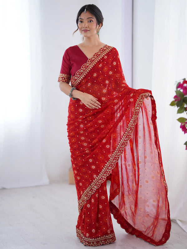 Beautiful Red Georgette Sequins Party Wear Saree With Blouse - Zeel Clothing