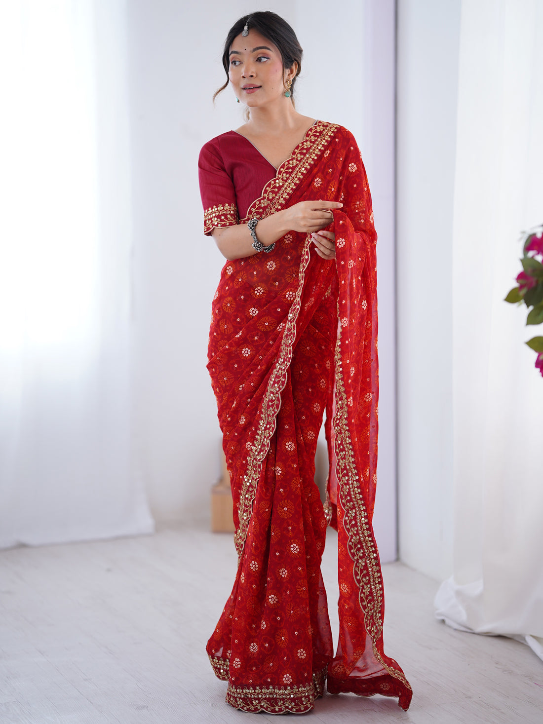 Beautiful Red Georgette Sequins Party Wear Saree With Blouse - Zeel Clothing
