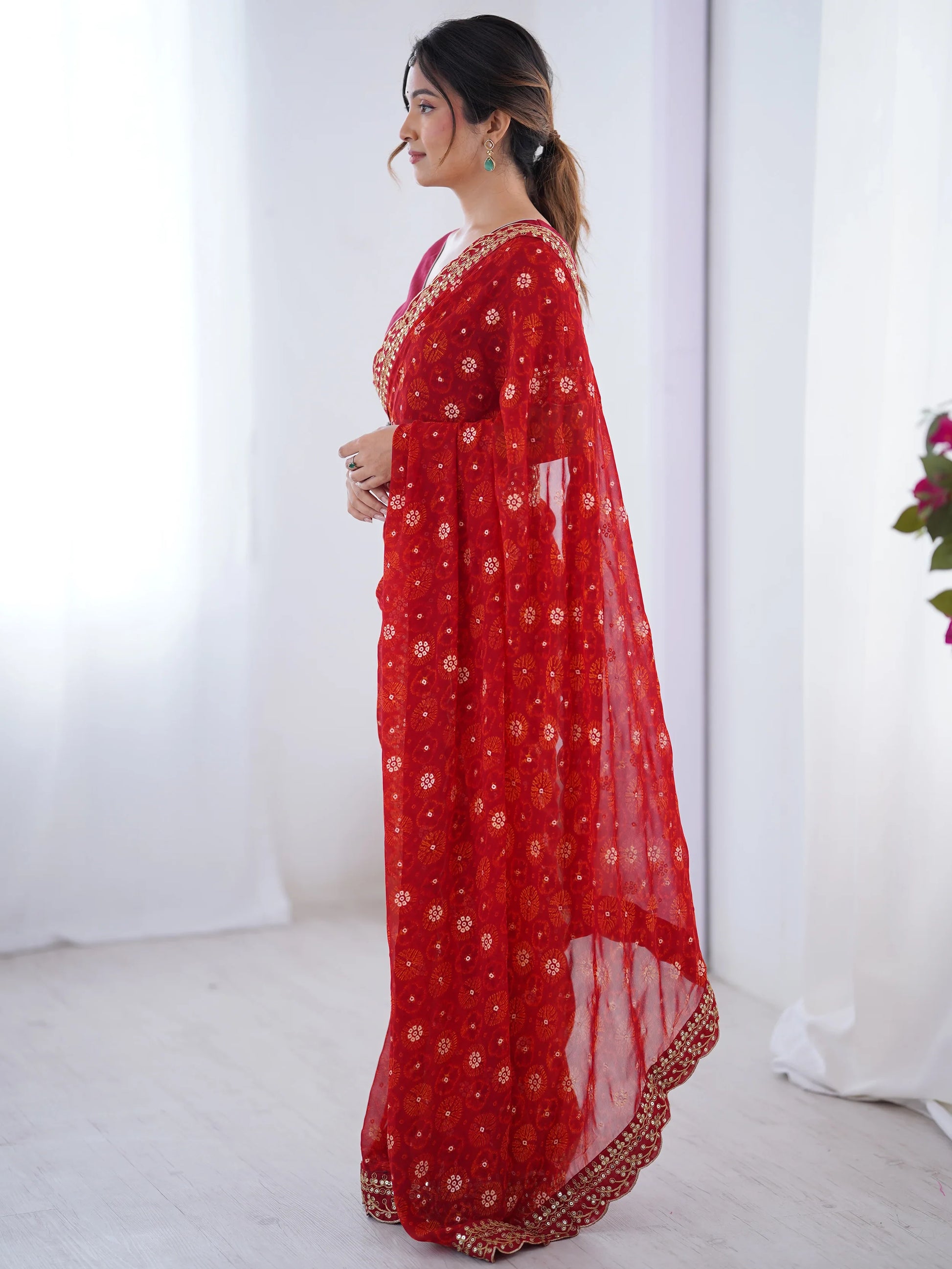 Beautiful Red Georgette Sequins Party Wear Saree With Blouse - Zeel Clothing