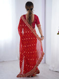 Beautiful Red Georgette Sequins Party Wear Saree With Blouse - Zeel Clothing