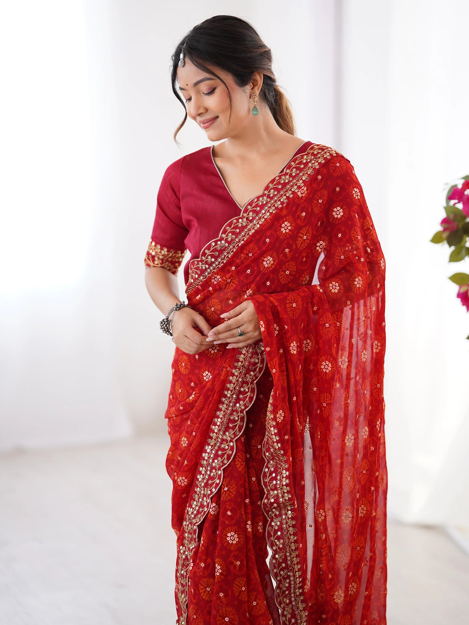 Beautiful Red Georgette Sequins Party Wear Saree With Blouse - Zeel Clothing