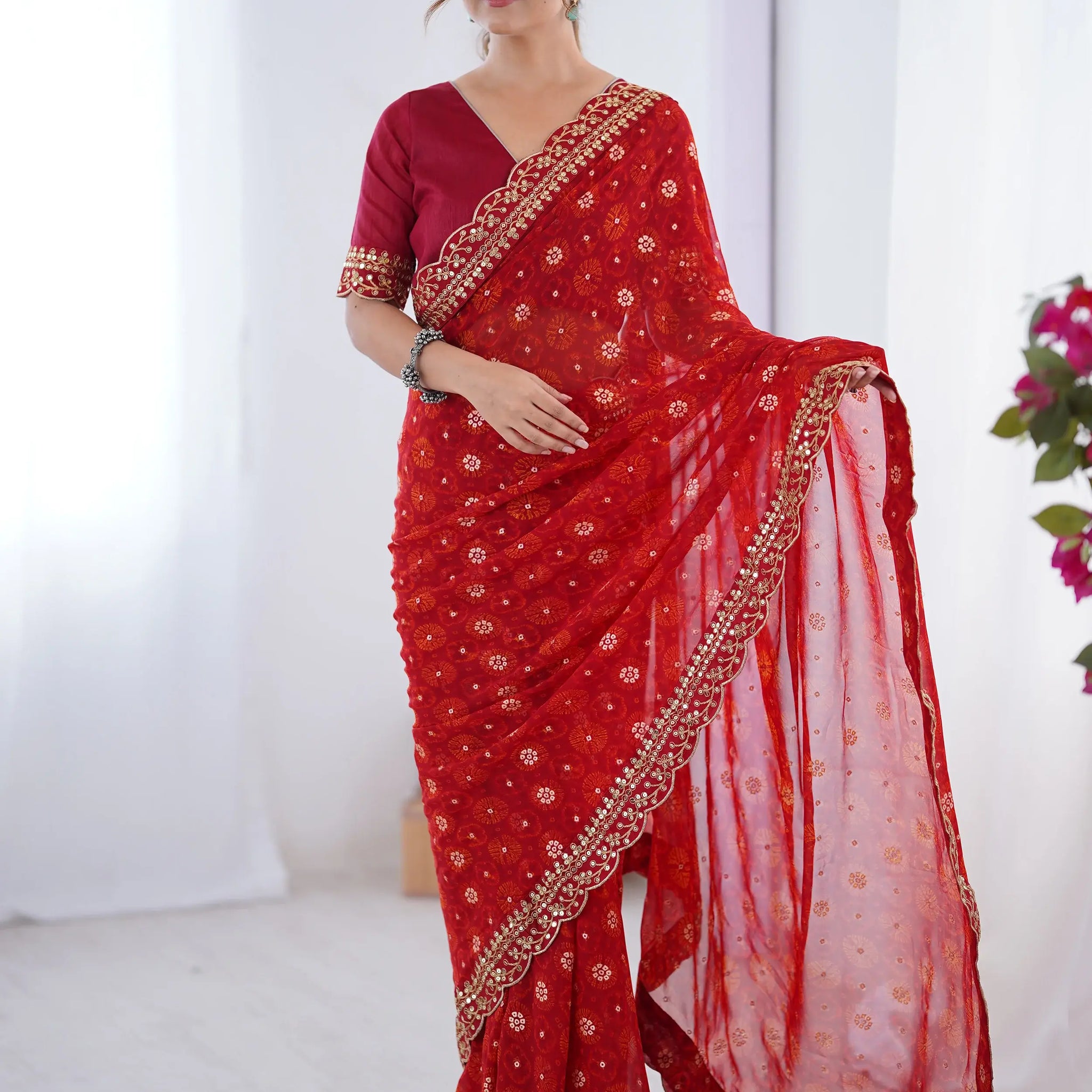 Beautiful Red Georgette Sequins Party Wear Saree With Blouse - Zeel Clothing