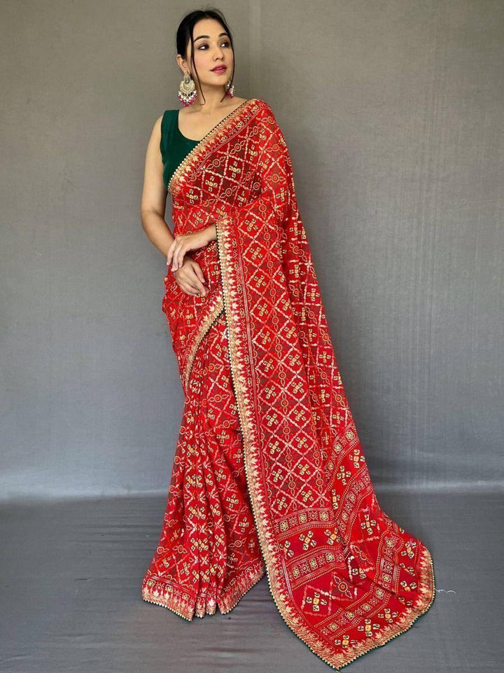 Beautiful Red Printed Georgette Event Wear Saree With Blouse