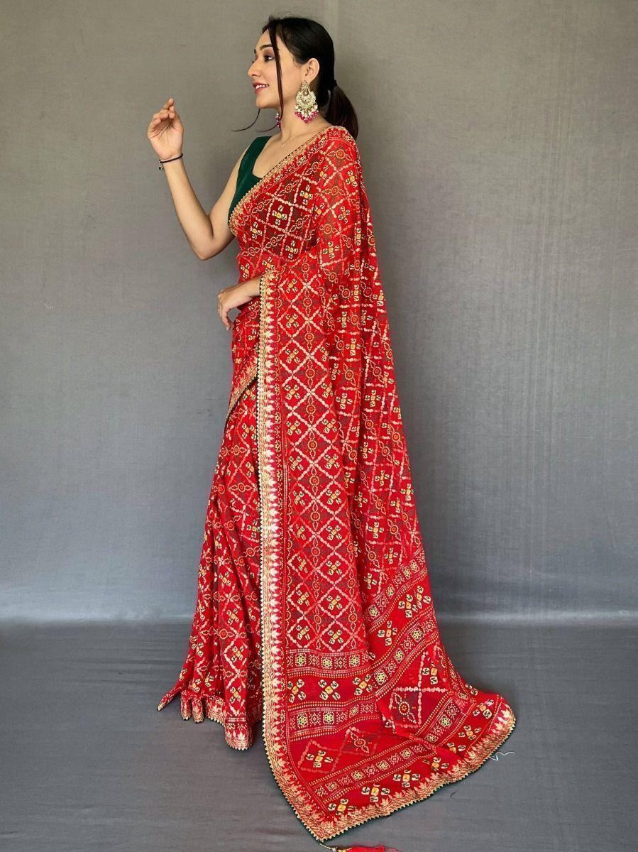 Beautiful Red Printed Georgette Event Wear Saree With Blouse