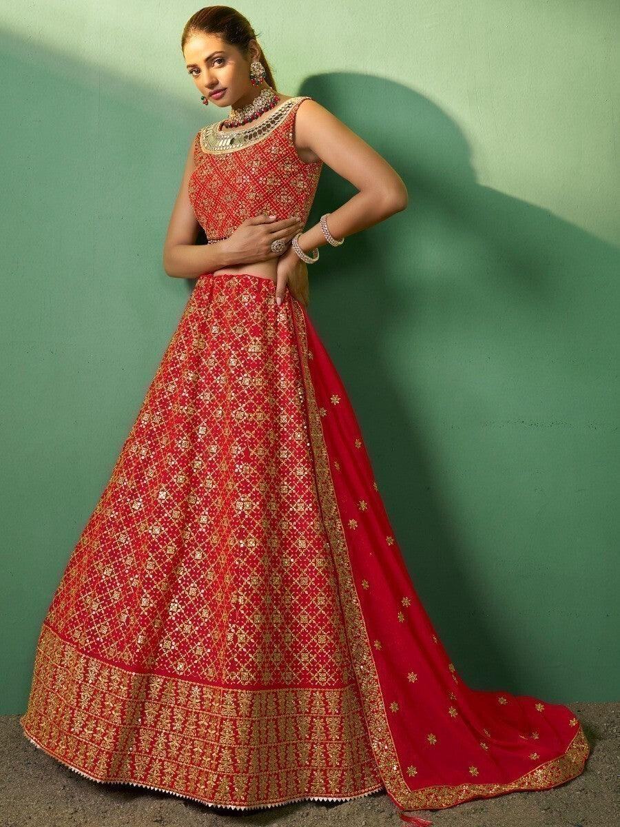 Beautiful Red Sequins Georgette Designer Lehenga Choli With Dupatta
