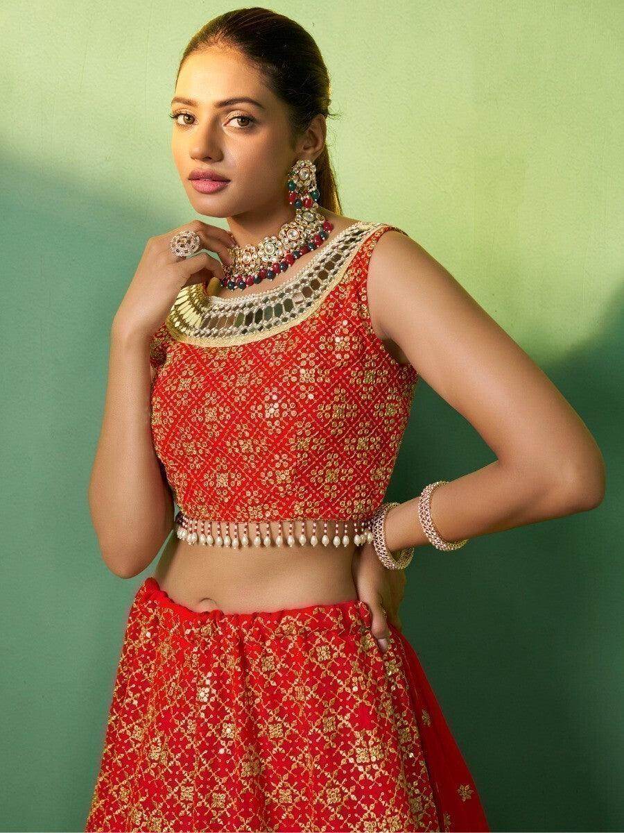 Beautiful Red Sequins Georgette Designer Lehenga Choli With Dupatta - Zeel Clothing