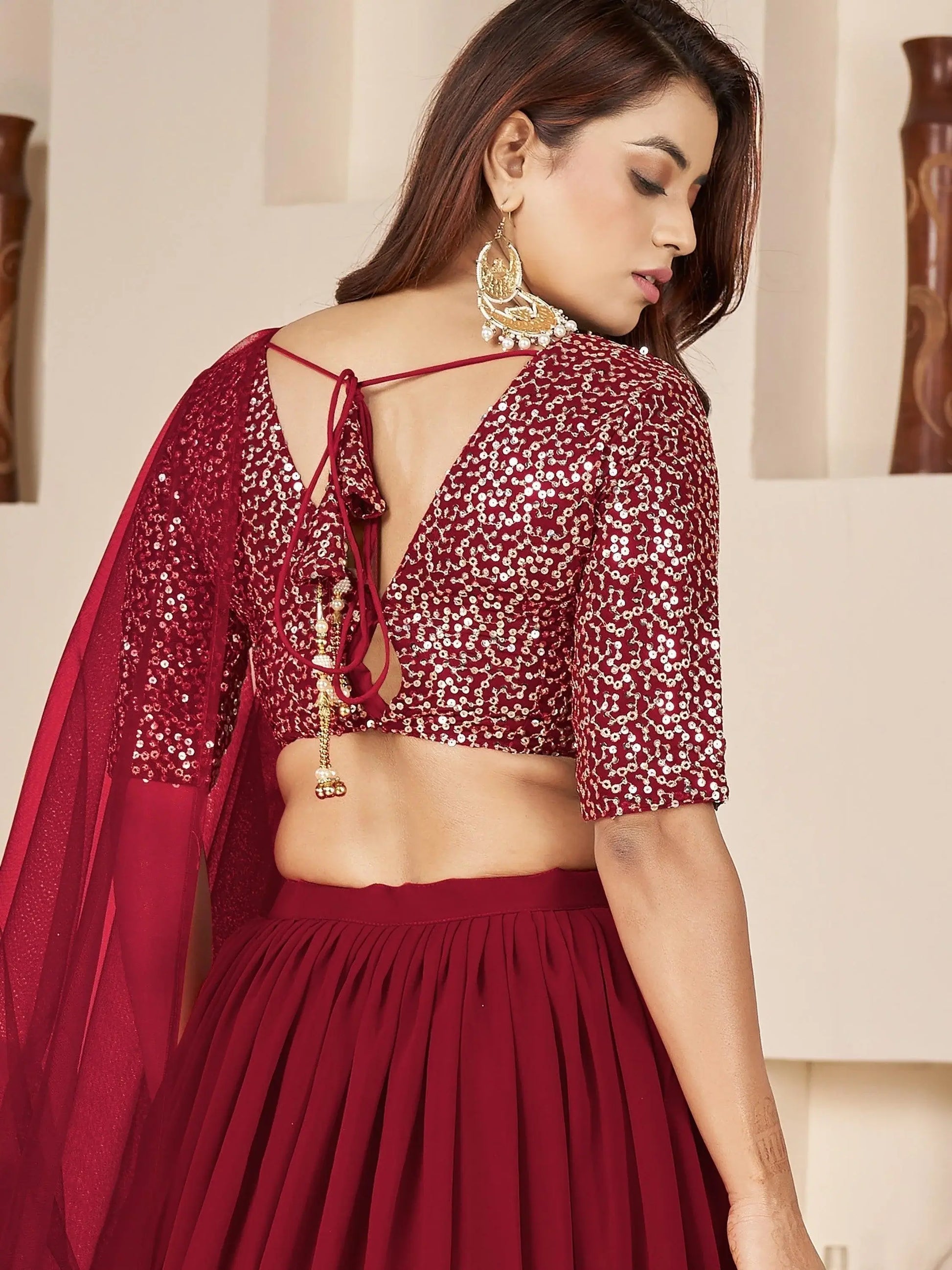 Beautiful Red Sequins Georgette Engagement Wear Lehenga Choli - Zeel Clothing