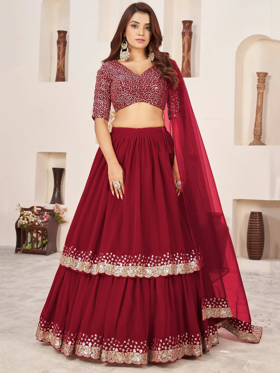 Beautiful Red Sequins Georgette Engagement Wear Lehenga Choli - Zeel Clothing