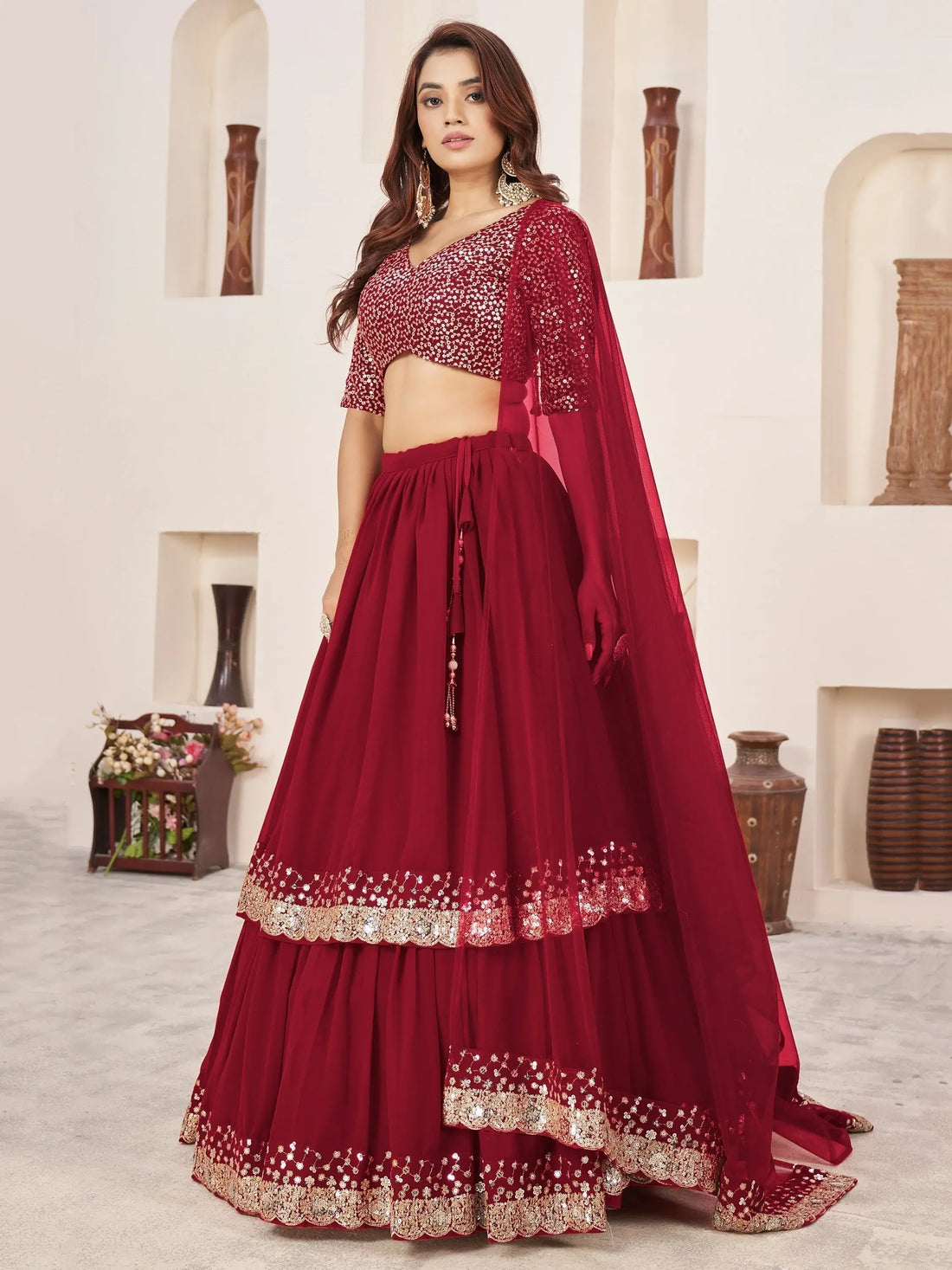Beautiful Red Sequins Georgette Engagement Wear Lehenga Choli - Zeel Clothing
