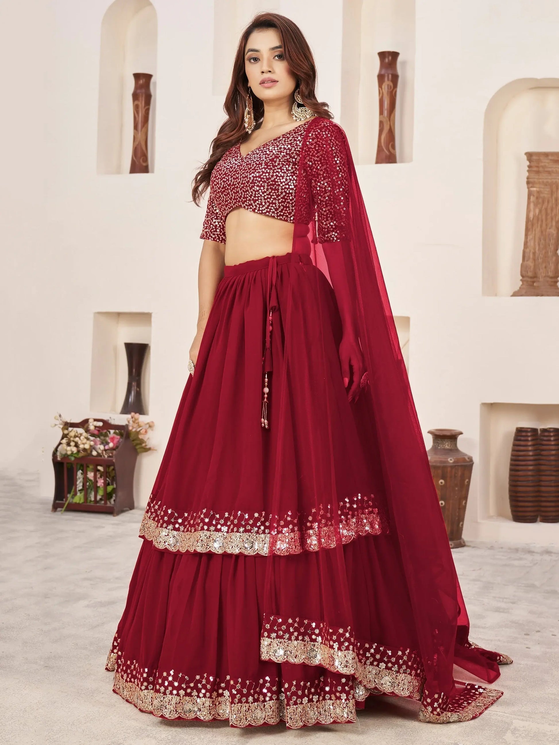 Beautiful Red Sequins Georgette Engagement Wear Lehenga Choli - Zeel Clothing