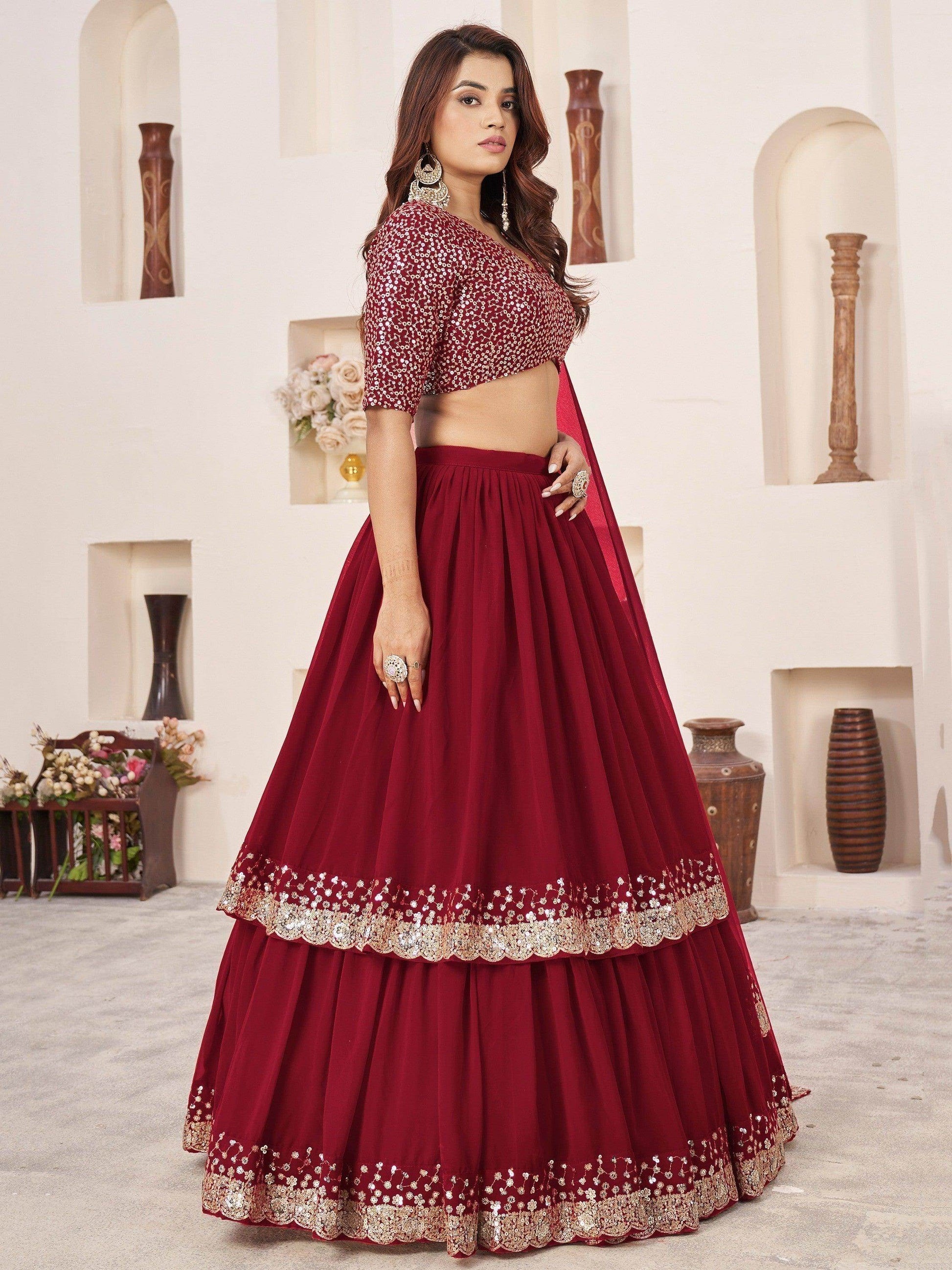 Beautiful Red Sequins Georgette Engagement Wear Lehenga Choli - Zeel Clothing