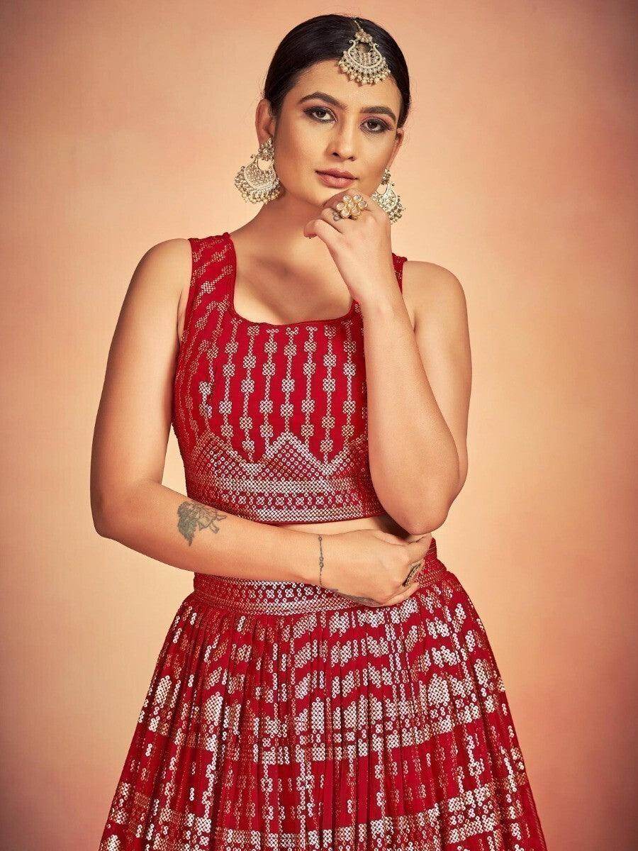 Beautiful Red Sequins Georgette Wedding Wear Lehenga Choli With Dupatta - Zeel Clothing