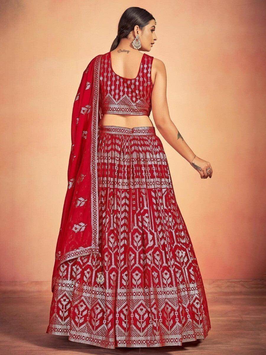 Beautiful Red Sequins Georgette Wedding Wear Lehenga Choli With Dupatta - Zeel Clothing