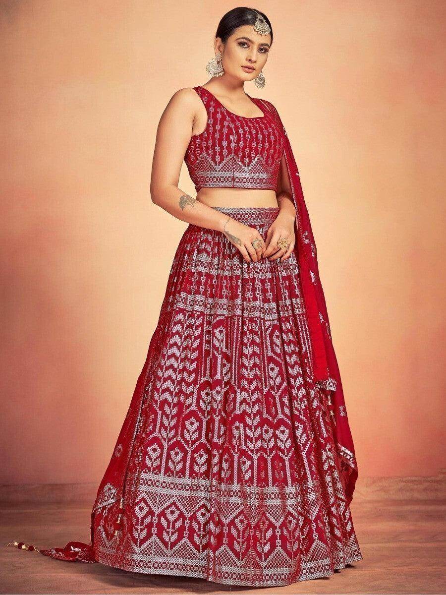 Beautiful Red Sequins Georgette Wedding Wear Lehenga Choli With Dupatta - Zeel Clothing