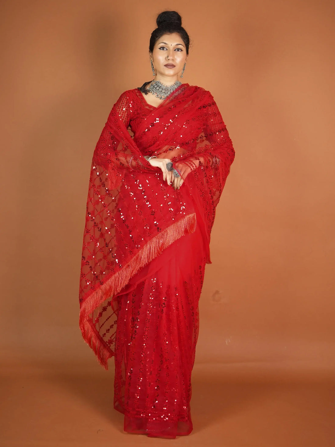 Beautiful Red Sequins Net Reception Wear Saree With Blouse - Zeel Clothing