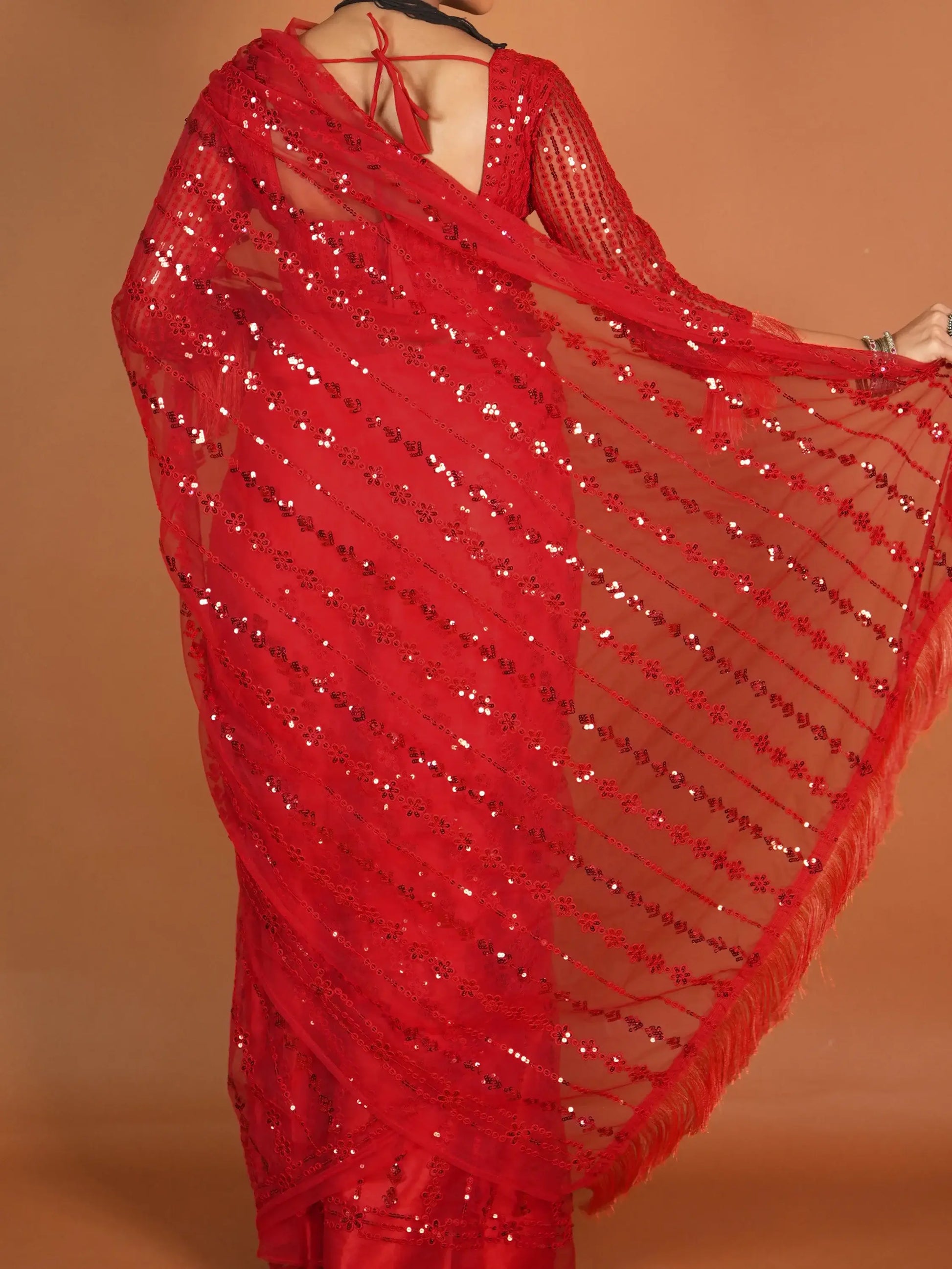 Beautiful Red Sequins Net Reception Wear Saree With Blouse - Zeel Clothing