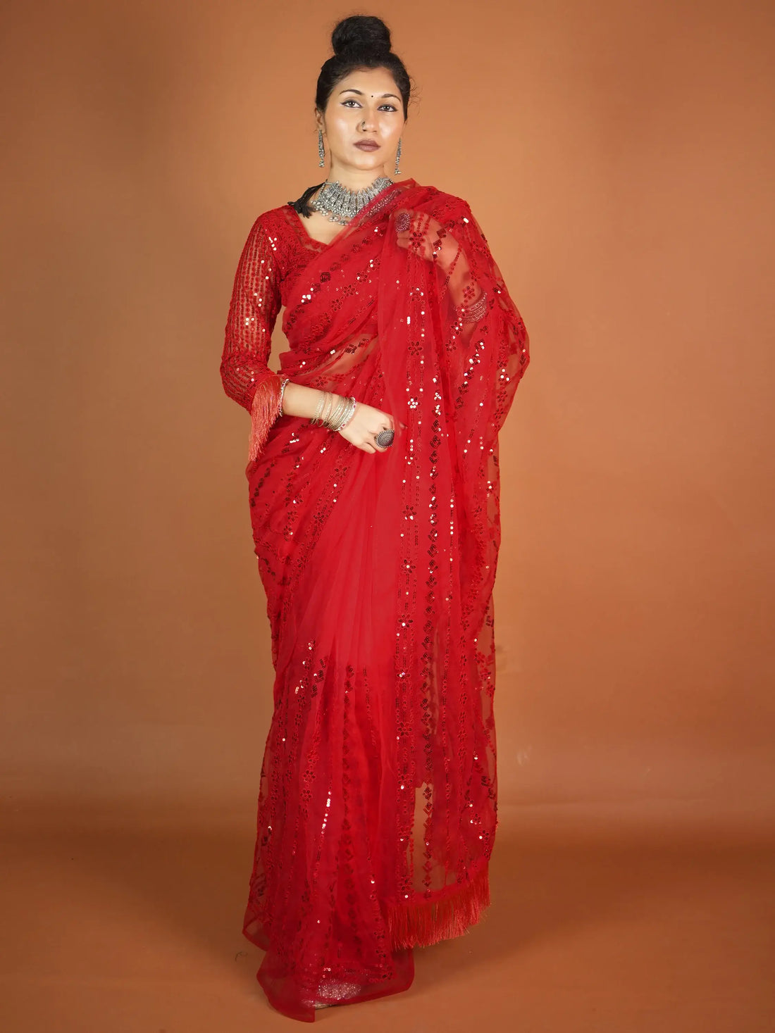 Beautiful Red Sequins Net Reception Wear Saree With Blouse - Zeel Clothing