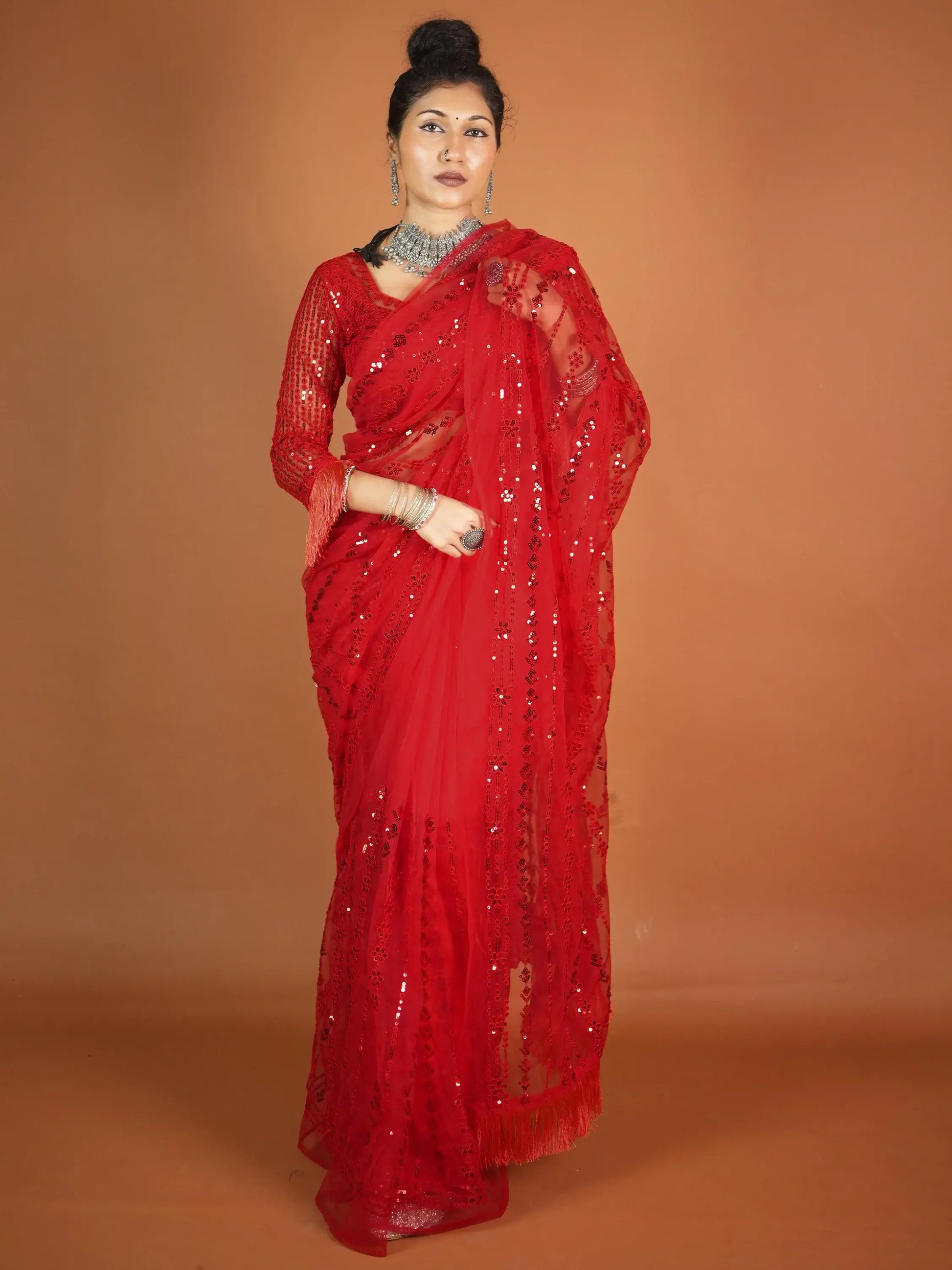 Beautiful Red Sequins Net Reception Wear Saree With Blouse - Zeel Clothing