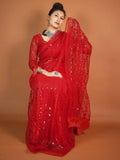 Beautiful Red Sequins Net Reception Wear Saree With Blouse - Zeel Clothing