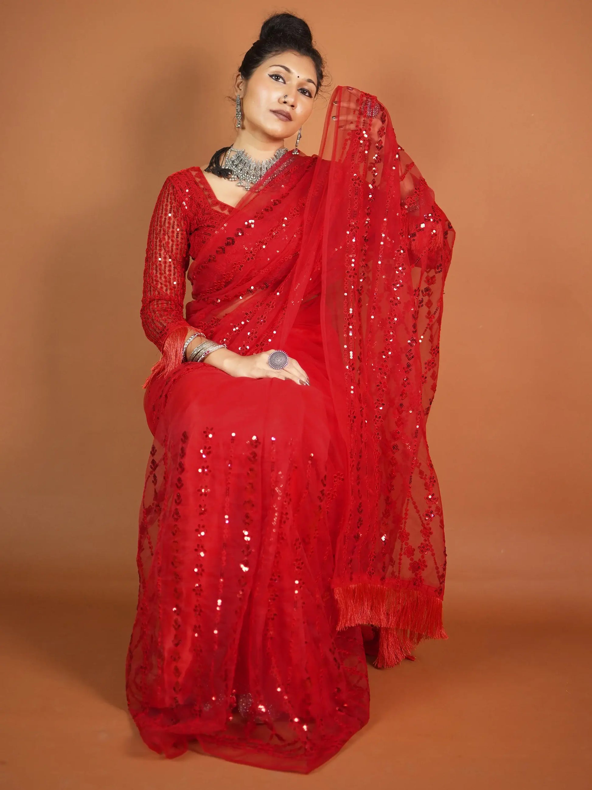 Beautiful Red Sequins Net Reception Wear Saree With Blouse - Zeel Clothing