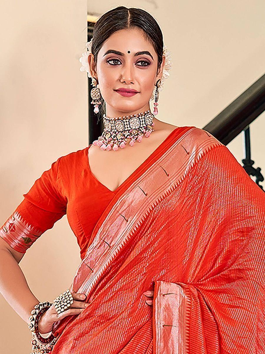 Beautiful Red Woven Paithani Meenakari Trendy Saree With Blouse