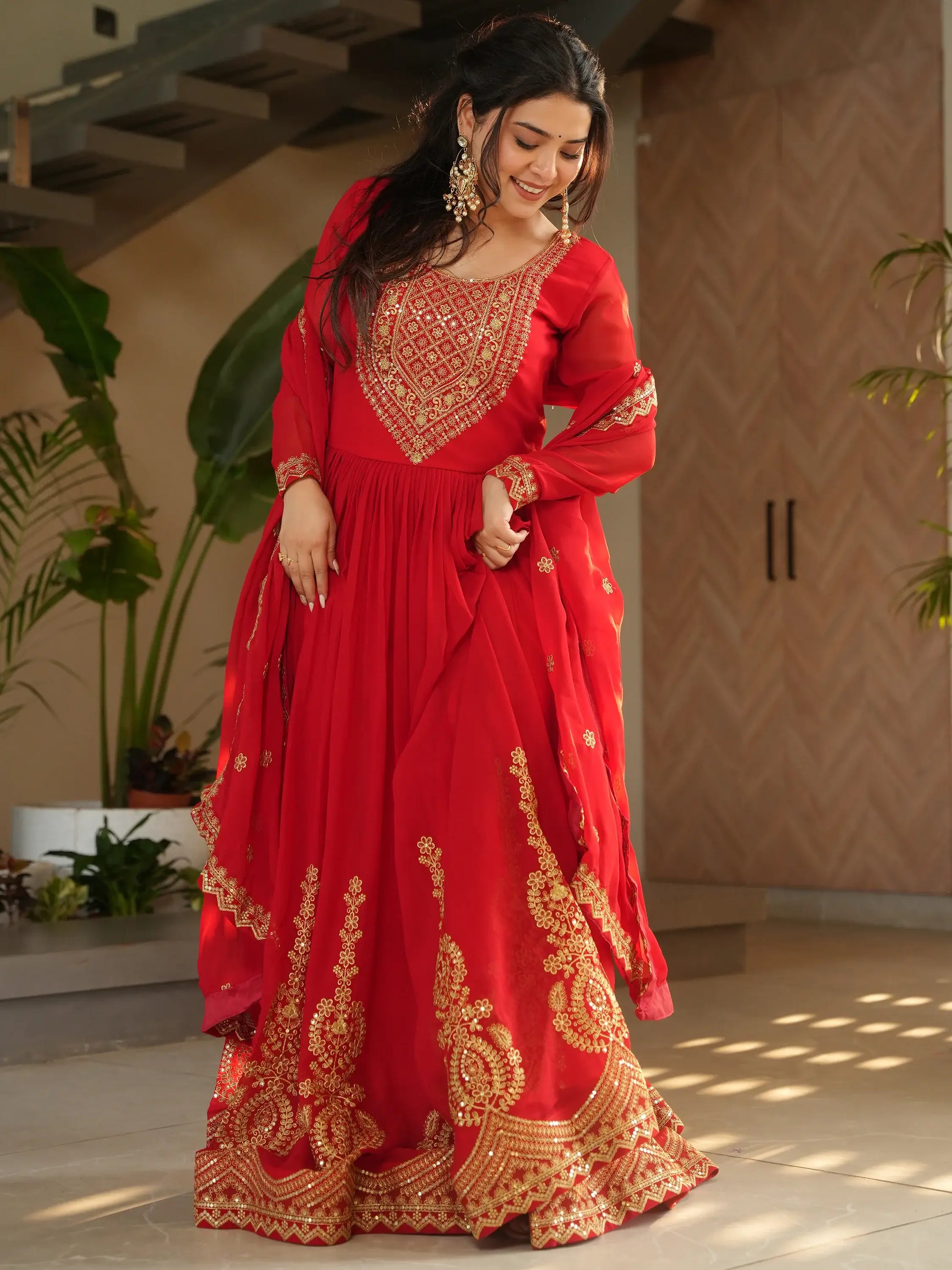 Beautiful Red Zari Embroidered Georgette Wedding Gown With Dupatta - Zeel Clothing