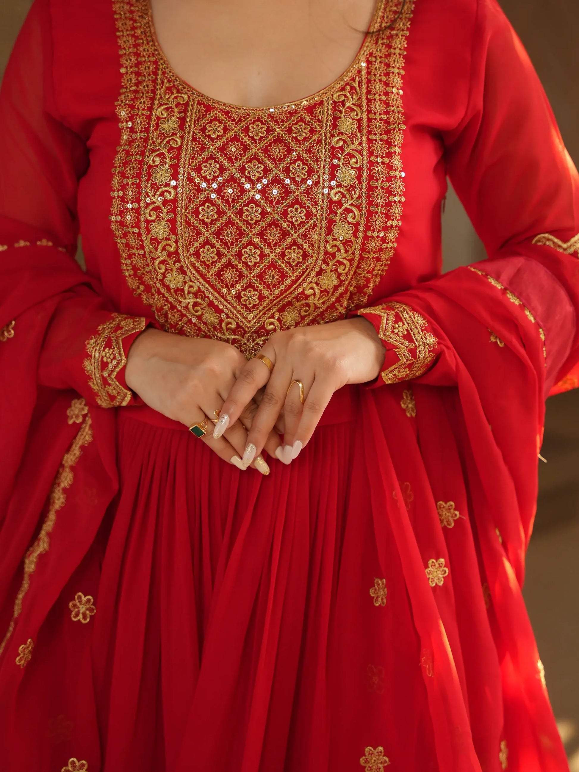 Beautiful Red Zari Embroidered Georgette Wedding Gown With Dupatta - Zeel Clothing