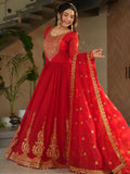 Beautiful Red Zari Embroidered Georgette Wedding Gown With Dupatta - Zeel Clothing