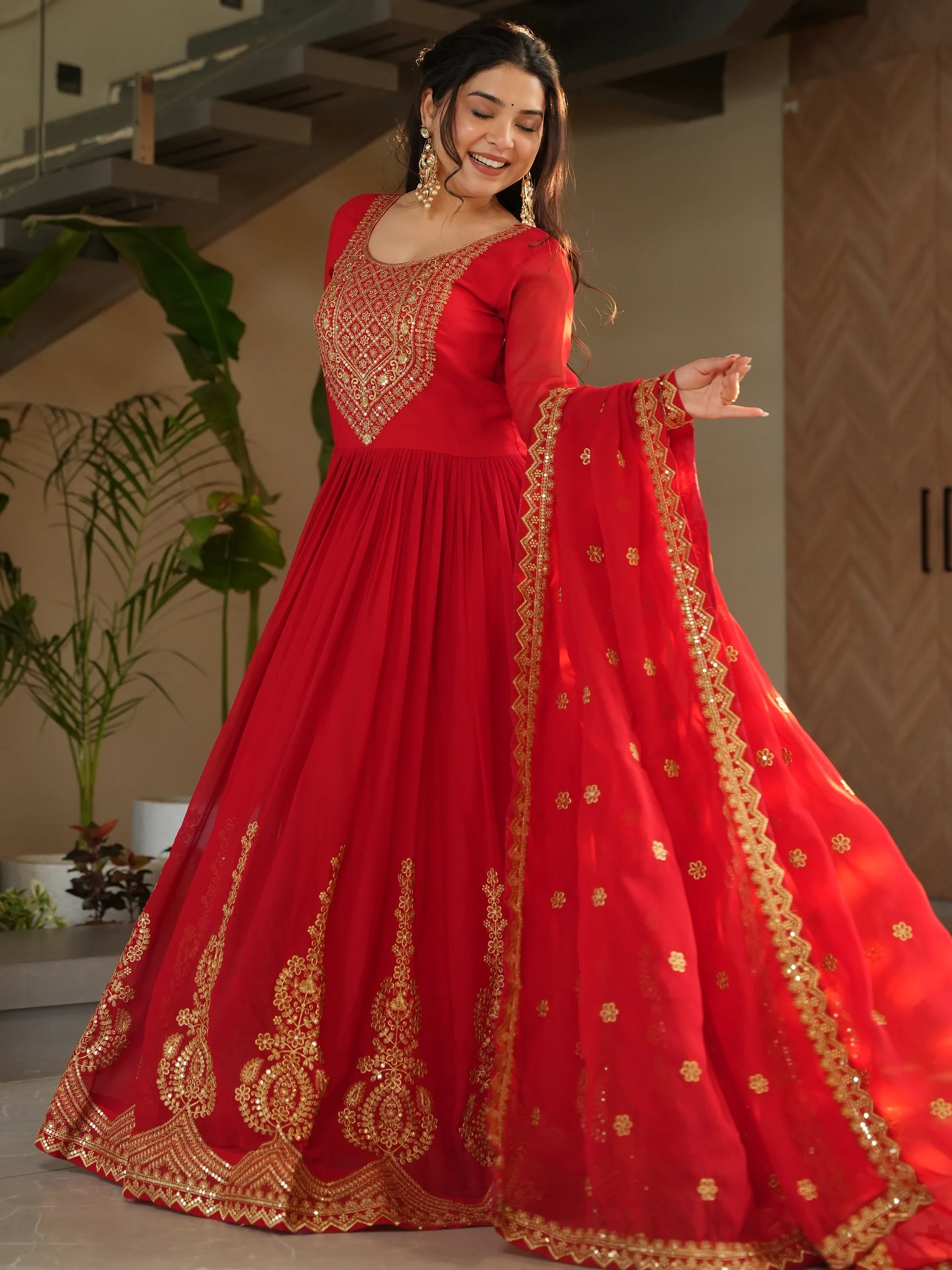 Beautiful Red Zari Embroidered Georgette Wedding Gown With Dupatta - Zeel Clothing