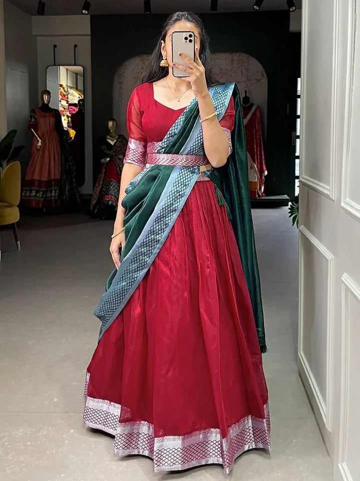 Beautiful Red Zari Weaving Dupion Silk Traditional Lehenga Choli