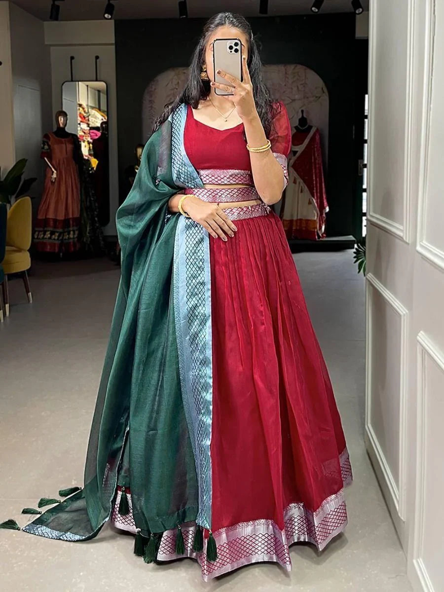 Beautiful Red Zari Weaving Dupion Silk Traditional Lehenga Choli
