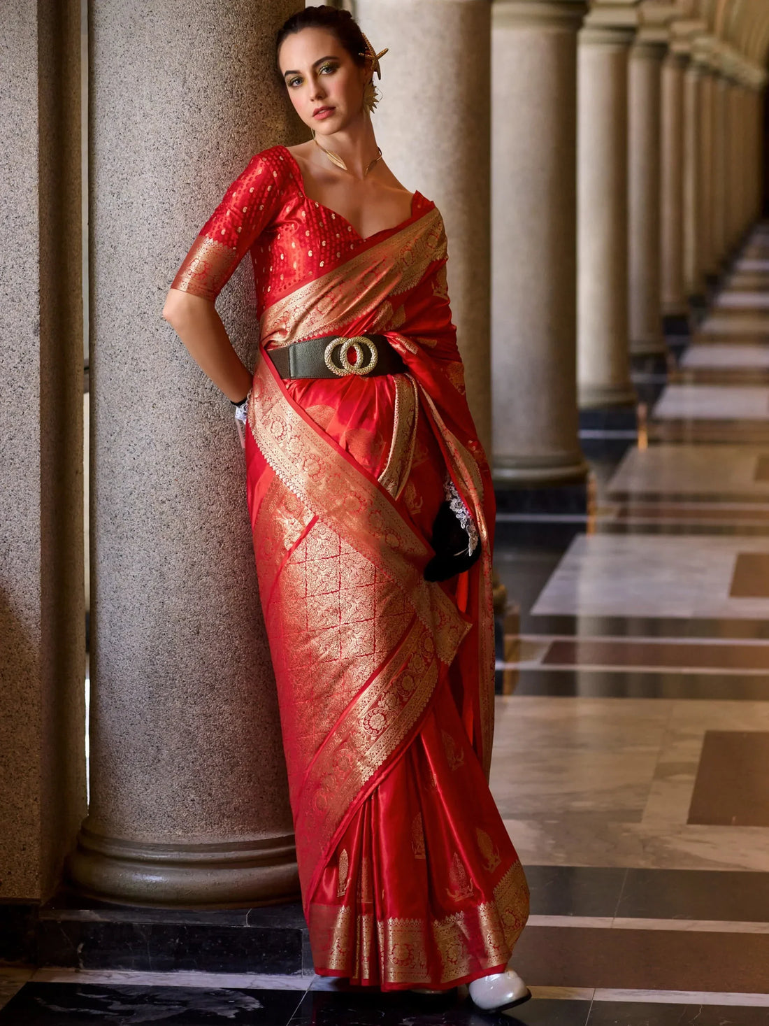 Beautiful Red Zari Weaving Silk Event Wear Saree With Blouse - Zeel Clothing