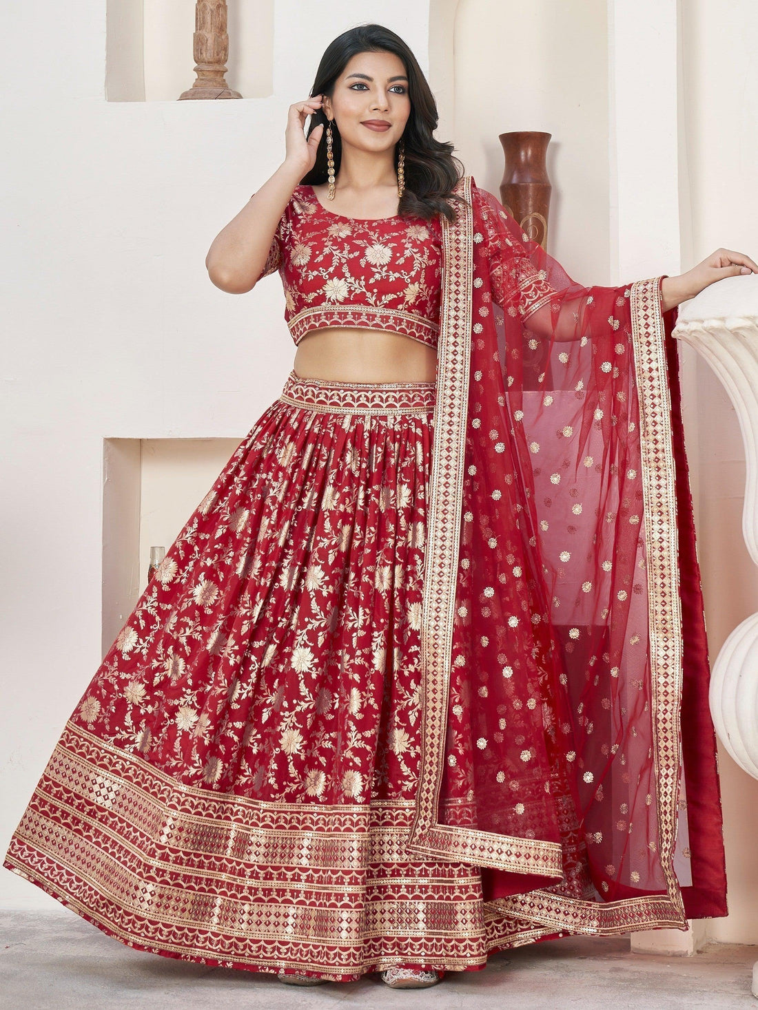 Beautiful Red Zari Work Jacquard Reception Wear Lehenga Choli