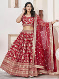 Beautiful Red Zari Work Jacquard Reception Wear Lehenga Choli - Zeel Clothing