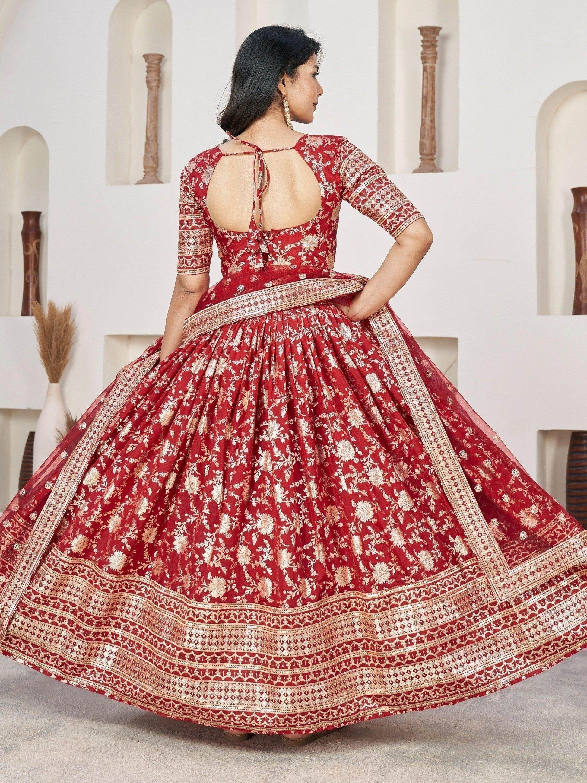 Beautiful Red Zari Work Jacquard Reception Wear Lehenga Choli - Zeel Clothing