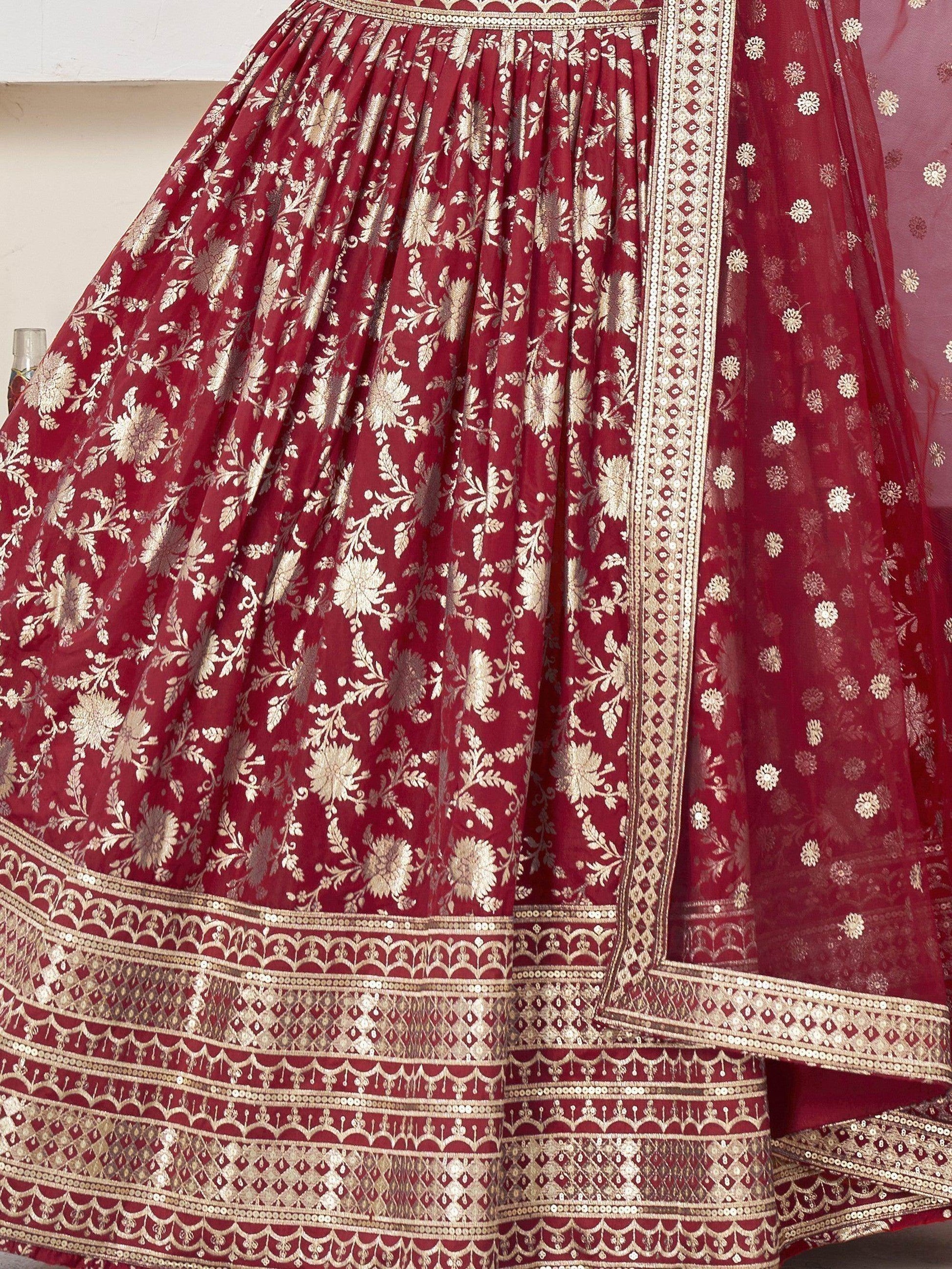 Beautiful Red Zari Work Jacquard Reception Wear Lehenga Choli - Zeel Clothing
