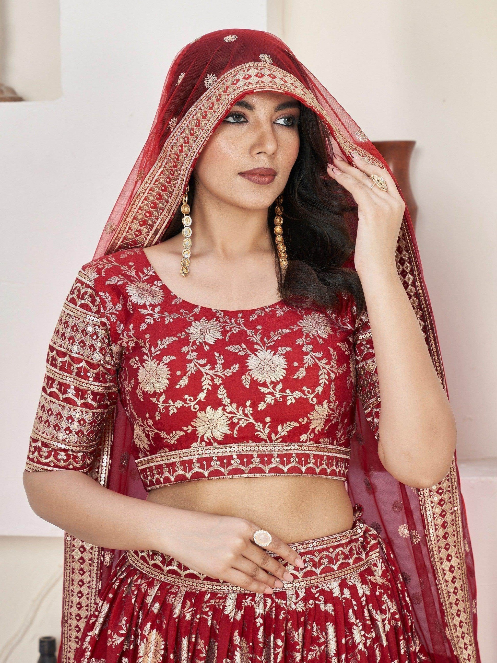 Beautiful Red Zari Work Jacquard Reception Wear Lehenga Choli - Zeel Clothing