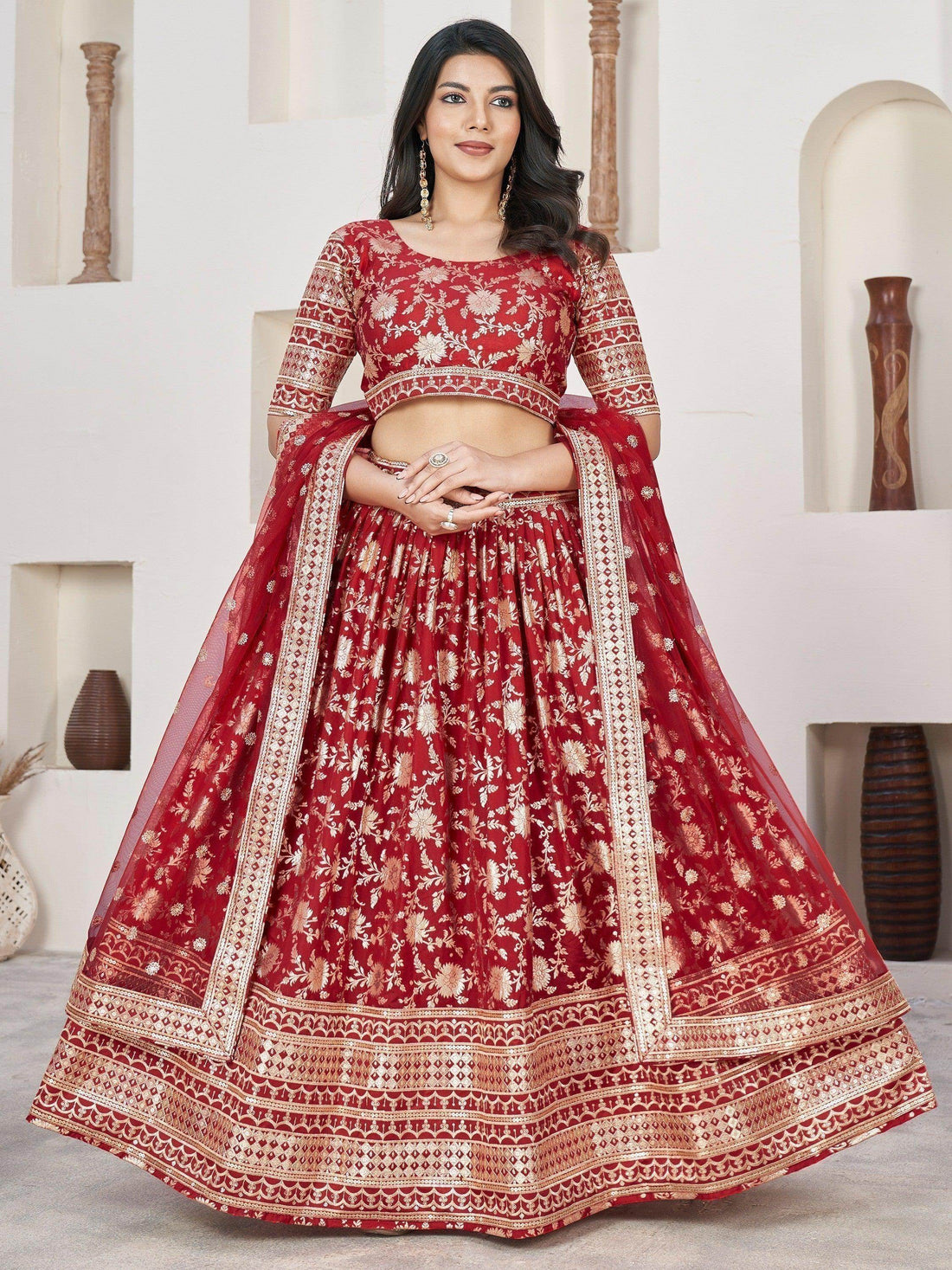 Beautiful Red Zari Work Jacquard Reception Wear Lehenga Choli - Zeel Clothing